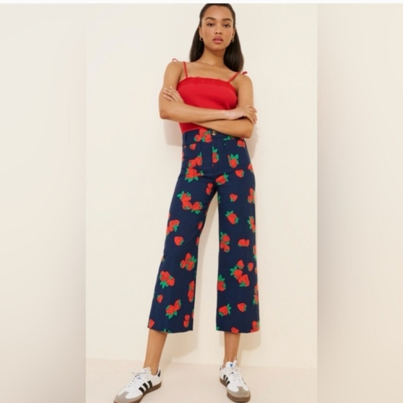 Anthropologie Maeve The Colette Strawberry Cropped Wide-Leg Linen Trousers 🍓🍓